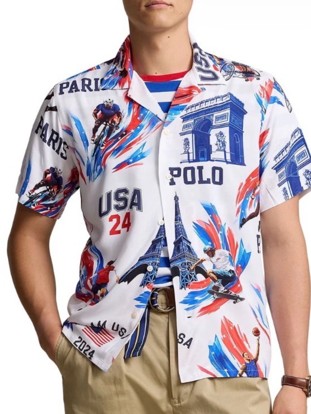 Polo by Ralph Lauren White Red & Blue USA Paris Graphic Camp Shirt